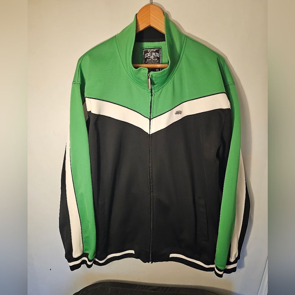 Ecko Track Jacket Mens XL Black Green White Rhino Embroidered Clean Y2K Vintage